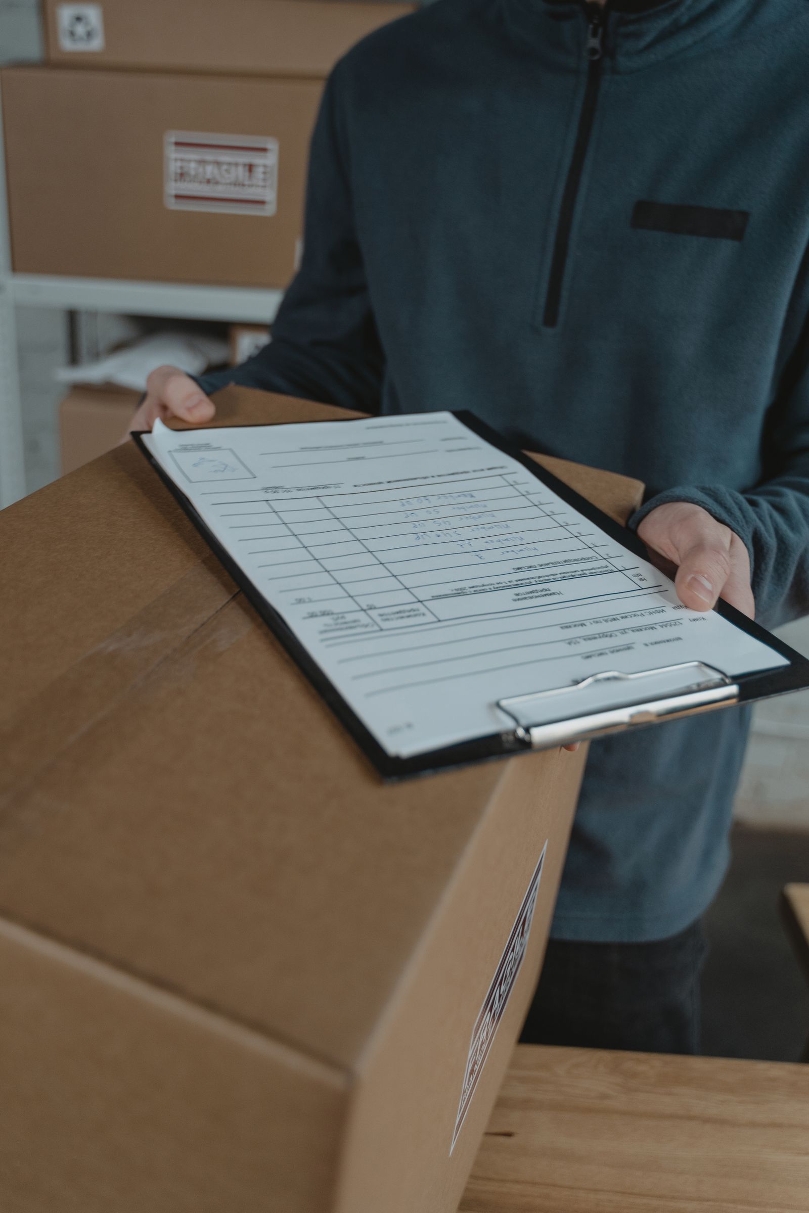 Warehouse worker checking shipping documents on cargo