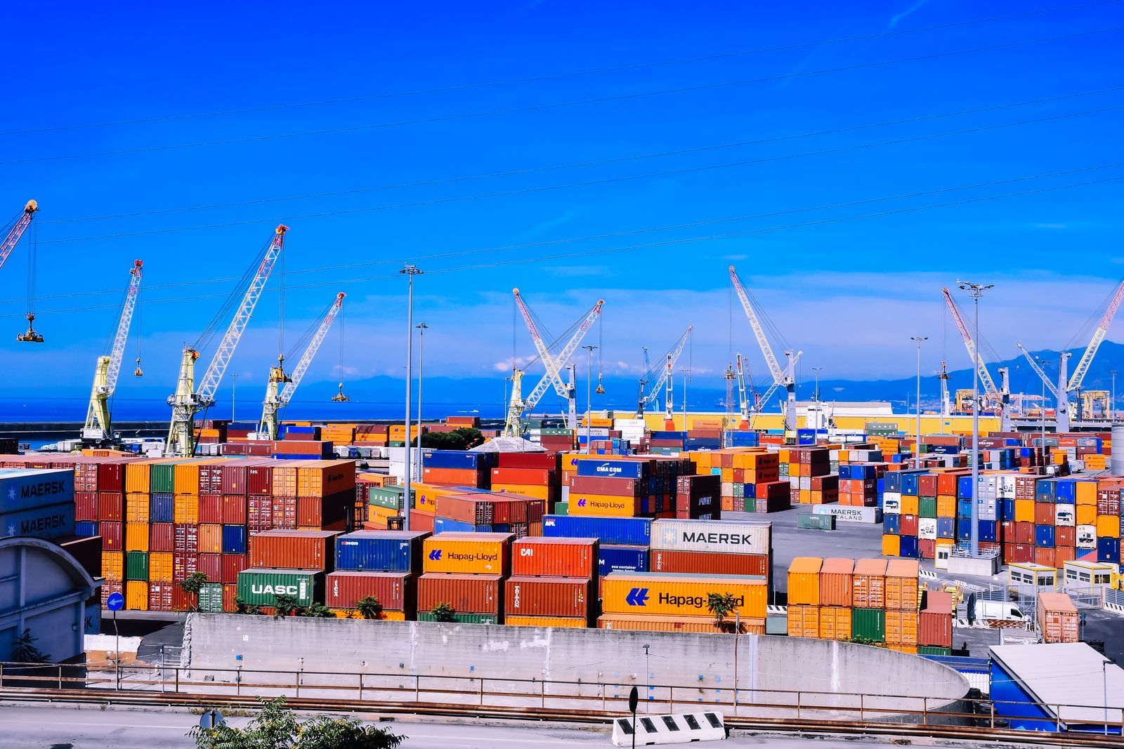 Container terminal with stacked cargo containers and port cranes